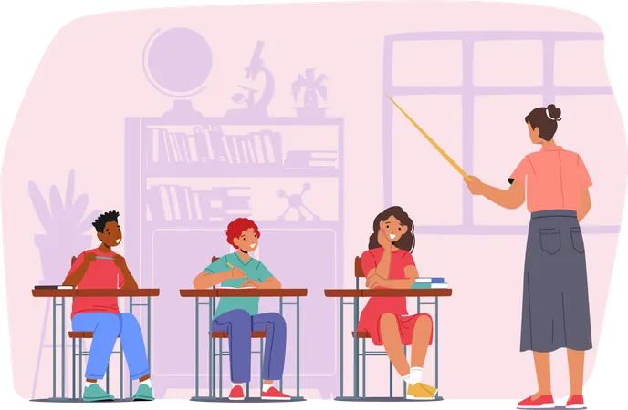 Kids On Lesson Children Characters With Teacher In Classroom Interior Boys And Girls Sitting At Desk In Class Education Back To School Concept With Students Cartoon People Vector Illustration Illustration