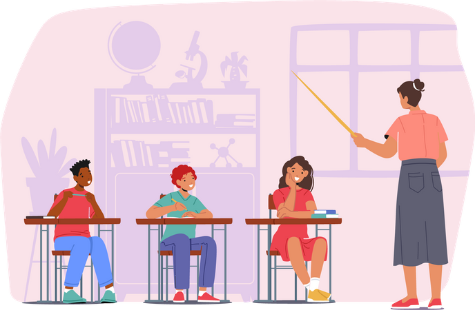 Children with Teacher in Classroom  Illustration