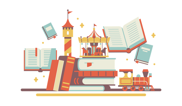 Children's books and stories with all kinds of books Illustration