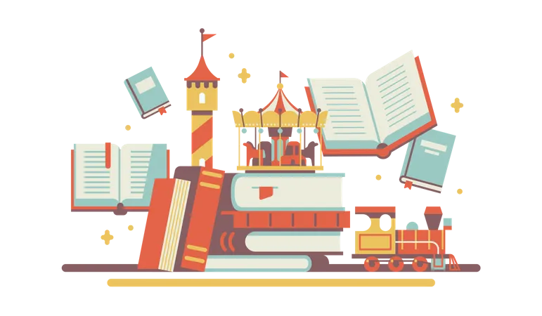 Children's books and stories with all kinds of books Illustration