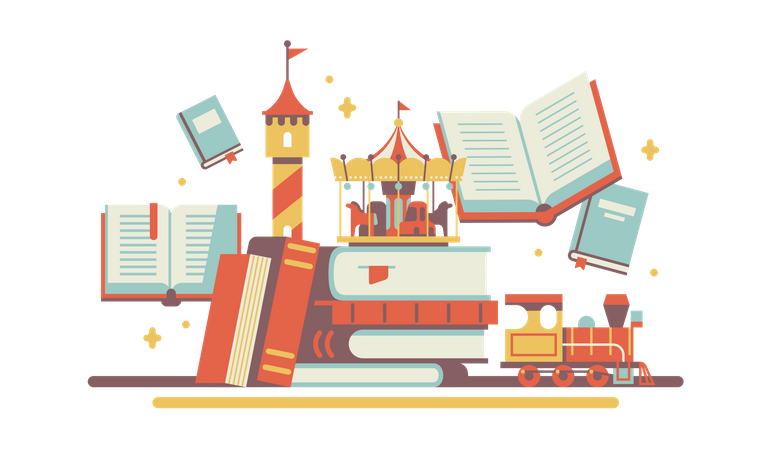 Children's books and stories with all kinds of books  Illustration