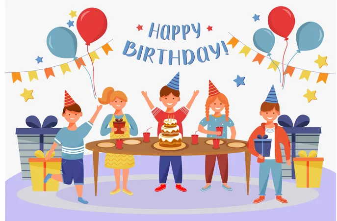 Happy Birthday Greeting Card Flat Vector Template Kids Party Celebration Cheerful Boys And Girls Postcard Invitation Design Layout Poster Banner Print With Cartoon Characters And Lettering Illustration
