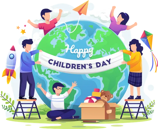 World Childrens Day With Happy Kids Around The World And Engaged In Decoration Flat Vector Illustration Illustration