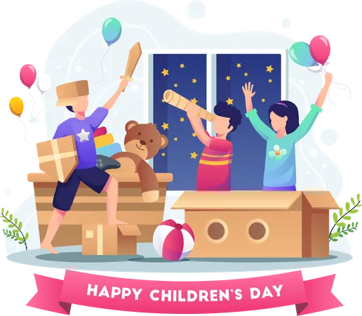 Happy Kids Playing With Cardboard And Toys On World Childrens Day Flat Vector Illustration Illustration