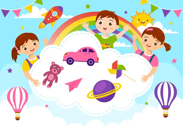 World Childrens Day Vector Illustration On 20 November With Kids And Rainbow In Children Celebration Cartoon Bright Sky Blue Background Design Illustration