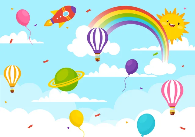 World Childrens Day Vector Illustration On 20 November With Kids And Rainbow In Children Celebration Cartoon Bright Sky Blue Background Design Illustration