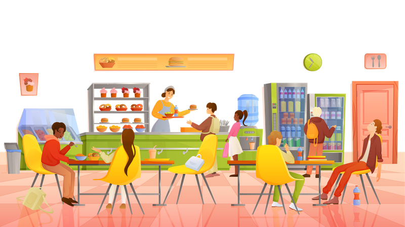 Childrens lunch in school canteen  Illustration