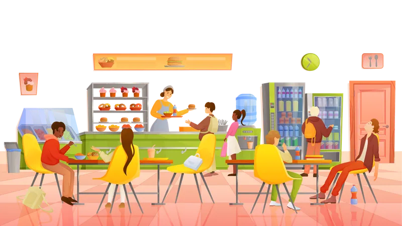 Childrens Lunch In School Canteen Vector Illustration Cartoon Students Eat Food At Tables In Foodcourt Interior Hungry Boy And Girl Standing In Queue To Take Tray Of Meal From Worker Behind Counter Illustration