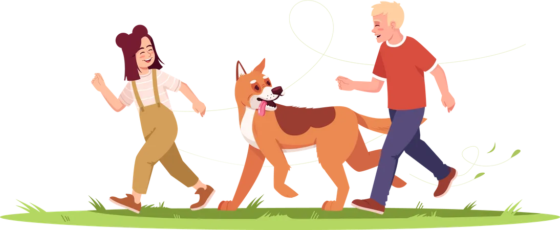 Childrens Running With Dog  Illustration