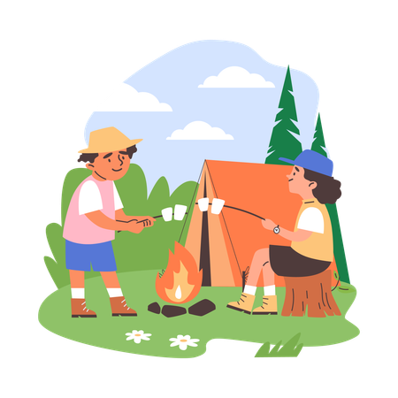 Children's summer camp scene with tent and fire  Illustration