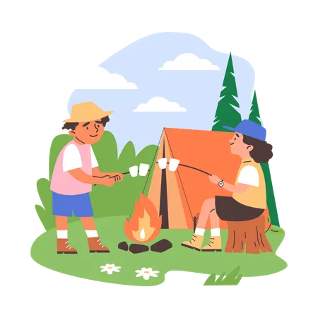 Children's summer camp scene with tent and fire  Illustration