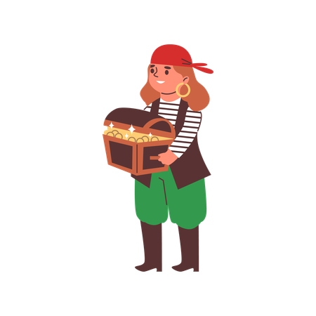 Children's theater pirate girl with chest of gold  Illustration