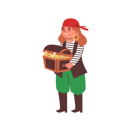 Children's theater pirate girl with chest of gold  Illustration