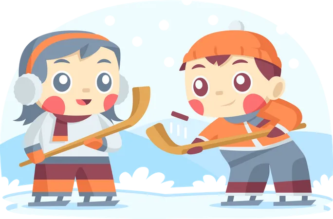 Childs Playing Ice Hockey in Winter Illustration