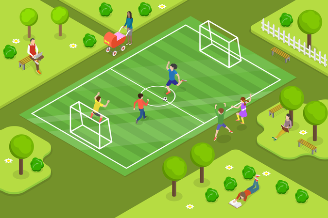 Childs playing Soccer in park Illustration