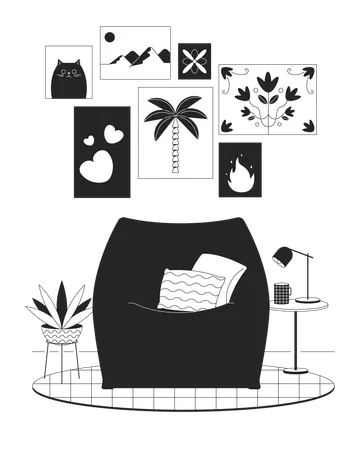 Chill Out Corner Black And White Line Illustration Comfortable Beanbag Chair With Small Table And Pictures 2 D Lineart Objects Isolated Home Interior Monochrome Scene Vector Outline Image 일러스트레이션