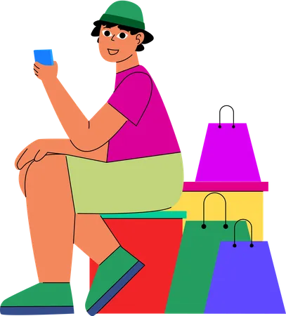 A Relaxed Shopper Takes A Break With A Drink Surrounded By Shopping Bags Representing A Moment Of Rest During The Black Friday Frenzy Illustration