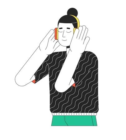 Chilling headphones asian man top knot  Illustration