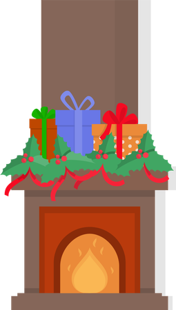 Chimenea con regalos en la parte superior de la chimenea aislada  Ilustración