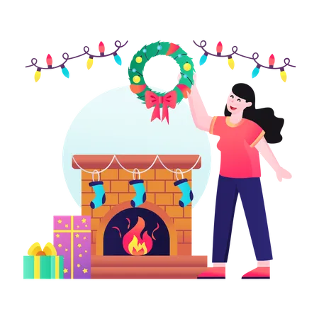 Chimenea navideña decorada con medias.  Ilustración