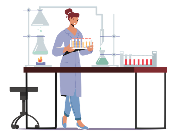 Chimiste en blouse de laboratoire menant des expériences et des recherches scientifiques en laboratoire  Illustration