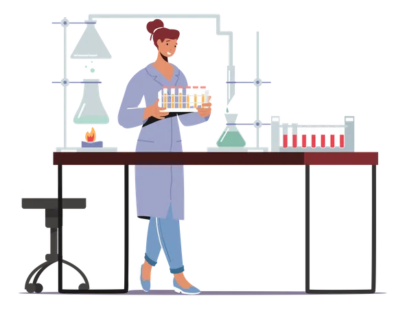 Chimiste en blouse de laboratoire menant des expériences et des recherches scientifiques en laboratoire  Illustration