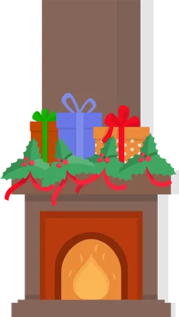 Chimney With Presents On Top Fireplace Isolated Icon Vector Gifts And Ribbons Decorating Stone Construction With Burning Fire Mistletoe And Bows Illustration