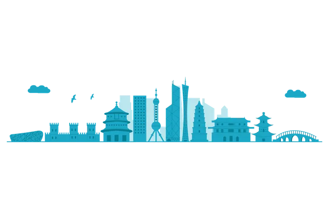 China Skyline in blue silhouette  Illustration