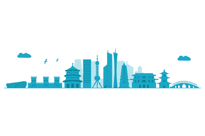 China Skyline in blue silhouette  Illustration