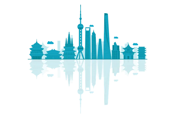 China Skyline silhouette with reflections  Illustration