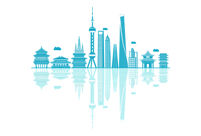 China Skyline silhouette with reflections Illustration