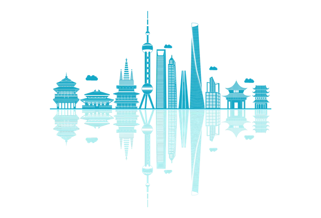 China Skyline silhouette with reflections  Illustration