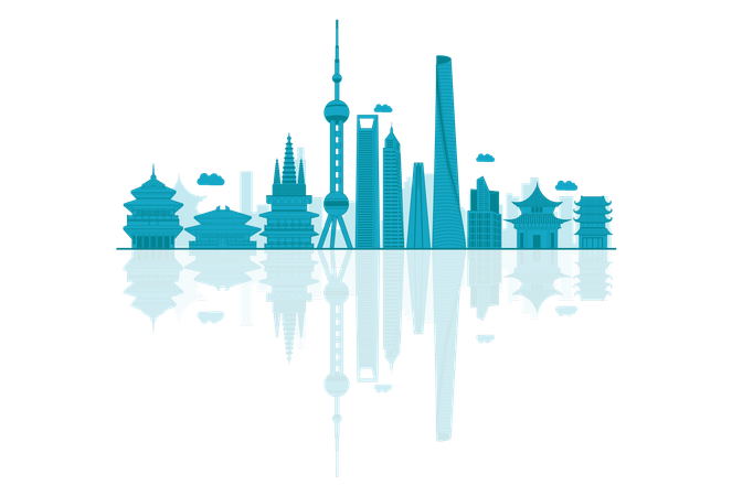 China Skyline silhouette with reflections  Illustration