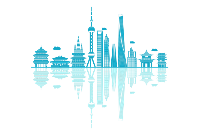 China Skyline silhouette with reflections  Illustration