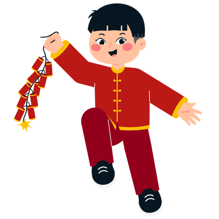 Chinese Boy Holding Firecrackers  イラスト