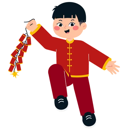 Chinese Boy Holding Firecrackers  Illustration