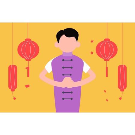 Chinese boy standing and giving greeting  Illustration