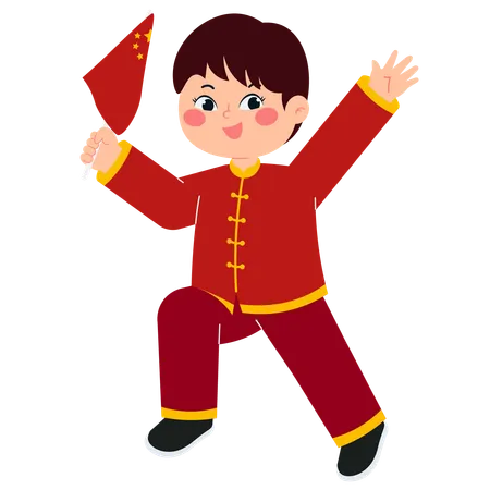 Chinese Boy With Flag  Illustration