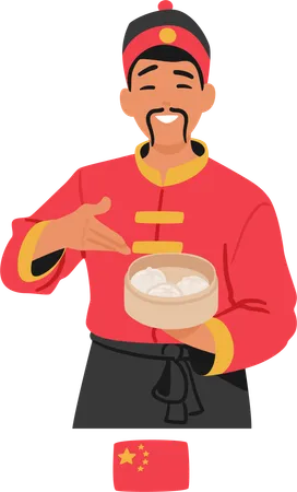 Chinese Chef Male Character Skillfully Prepares A Tray Of Steaming Dumplings Showcasing The Artistry And Exquisite Flavors That Make Chinese Cuisine So Renowned Cartoon People Vector Illustration Illustration