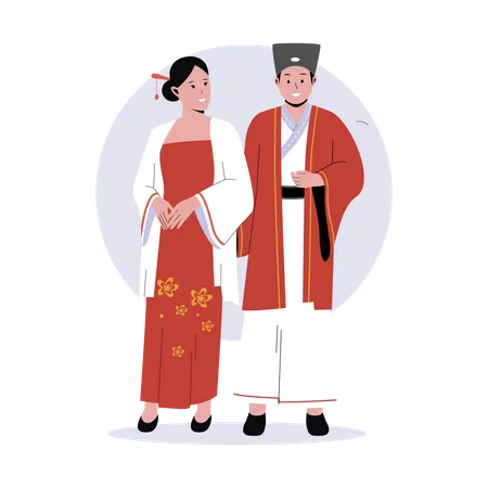 Chinese Couple In Traditional Clothes Vector Illustrations Group Chinese Male And Female Cartoon Characters Flat Vector Illustration Isolated On White Background Illustration