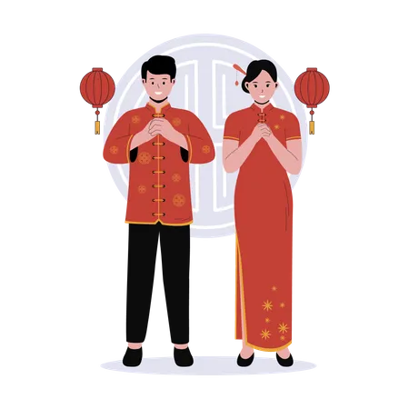 Chinese Couple In Traditional Clothes Vector Illustrations Group Chinese Male And Female Cartoon Characters Flat Vector Illustration Isolated On White Background Illustration