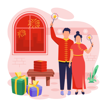Chinese Couple celebrating Chinese new year  Illustration