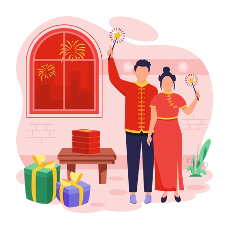 A Well Designed Flat Illustration Of Celebrating Chinese Couple Illustration