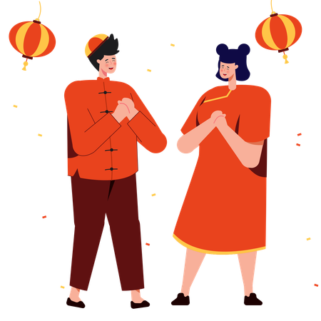 Chinese Couple Celebrating Chinese New Year  Illustration