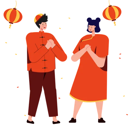 Chinese Couple Celebrating Chinese New Year  Illustration