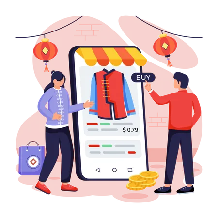 Chinese couple doing Mobile Shopping  Illustration