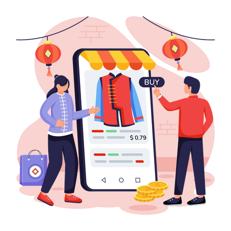 Chinese couple doing Mobile Shopping  Illustration