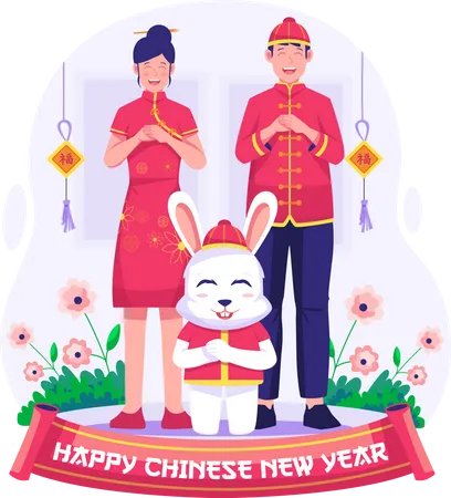A Couple Together With A Bunny Is Doing Salute Etiquette Fist And Palm Gestures Are Wishing Happy Chinese New Year Vector Illustration In Flat Style Illustration