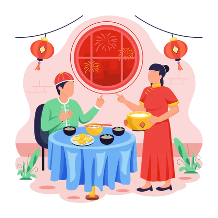 Chinese couple enjoying New Year Dinner  Illustration