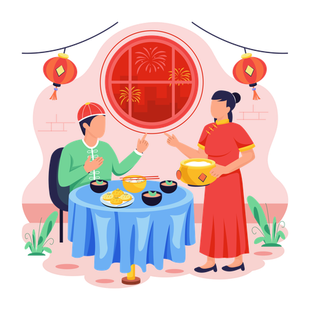 Chinese couple enjoying New Year Dinner  Illustration